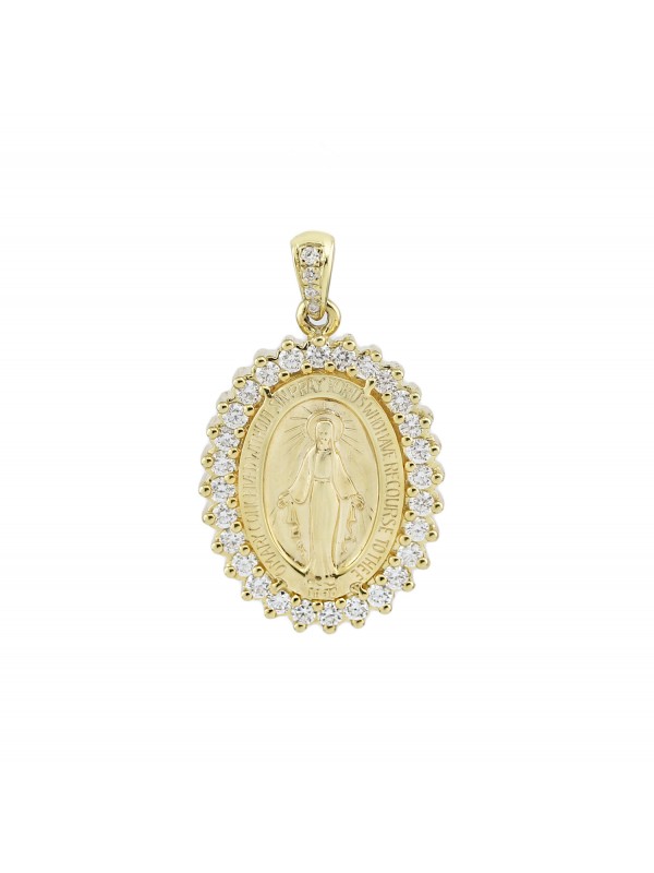 Prong Set Diamond Miraculous Medal Pendant 14K Yellow Gold