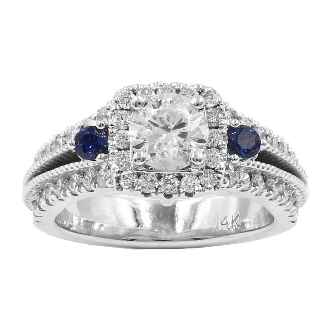 Halo Diamond Engagement Ring with Sapphire Stones